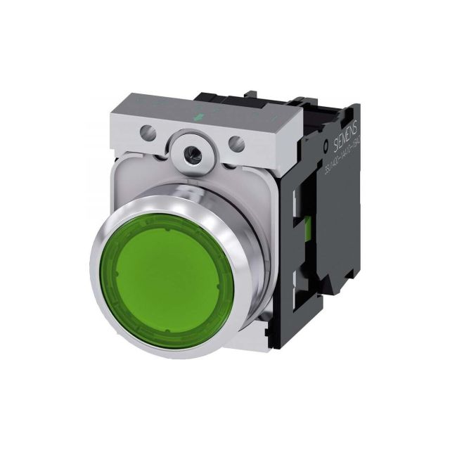 Illuminated pushbutton Φ22mm flat Green 1NO 24V AC/DC  -  3SU1152-0AB40-1BA0