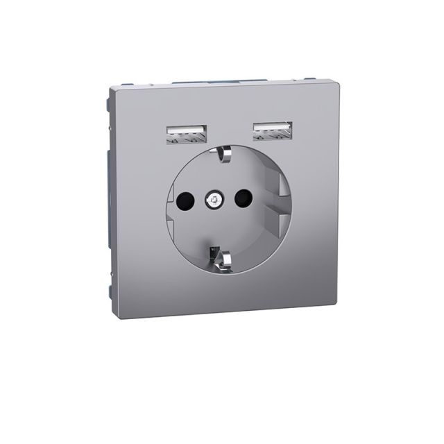 Merten D Safety Socket Schuko 2xUSB Steel MTN2366-6036